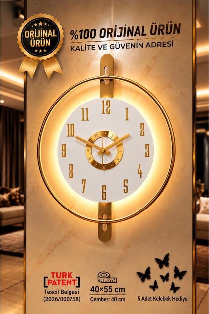 Orjinal Metal- İskandinav Kadran Gold Modern Metal Ahşap Duvar Saati 50x40 cm