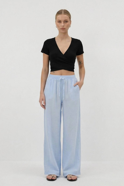 Women's Elastic Waist Wide Leg Muslin Trousers %100 Cotton Wide Wide-Leg Comfortable Office & Casual Style