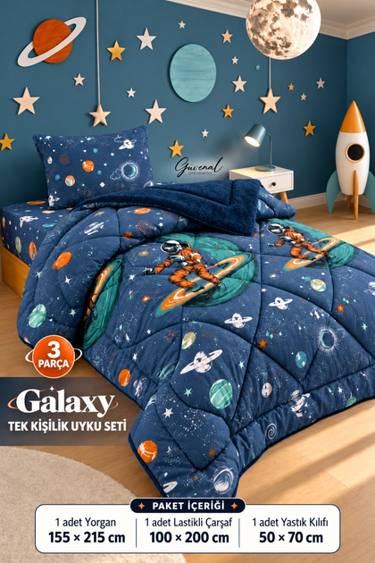 GALAXY | Uzay Desenli Wellsoft Çift Taraflı Tek Kişilik Lastikli Çarşaf + Yastık Kılıflı Uyku Seti | Yatak Örtüsü | Yorgan | Lastikli Çarşaf | Yastık Kılıfı | Uzay | Uyku - 3 Parça