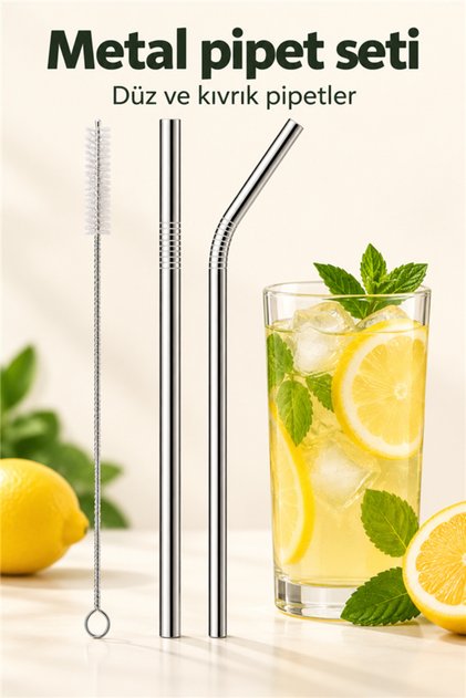 7 Parça Parça Metal Pipet Seti Paslanmaz Çelik Pipet Ve Çubuk Pipet Temizleme Fırçası