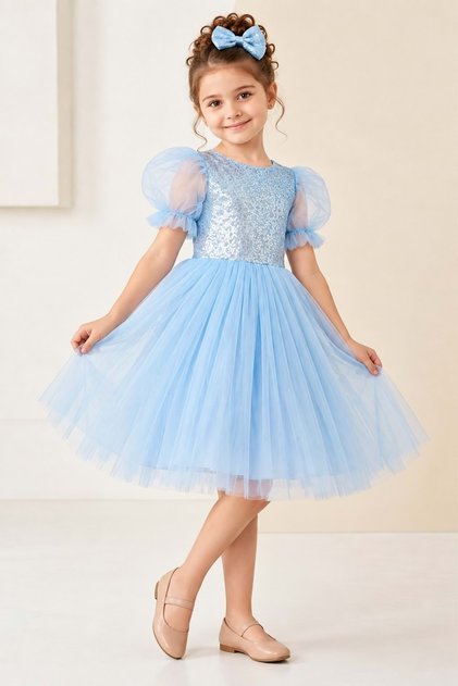 Balloon Sleeve Sequin Tutu Dress for Girls M00751 Blue