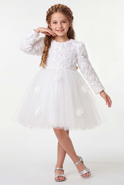 Rozella Rose Detailed Long Sleeve Girls Tutu Dress Evening Dress M00879 White
