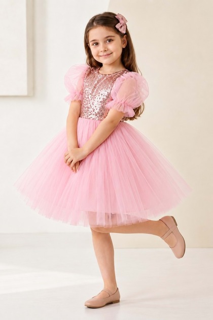 Balloon Sleeve Sequin Tutu Dress for Girls M00751 Pink