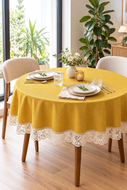 Round Tablecloth Stain Resistant Liquid Repellent Ruched Kitchen Living Room Dining Table Cover Stylish Tableware Decor