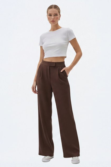 Women's Brown Palazzo Trousers with Velcro Waist