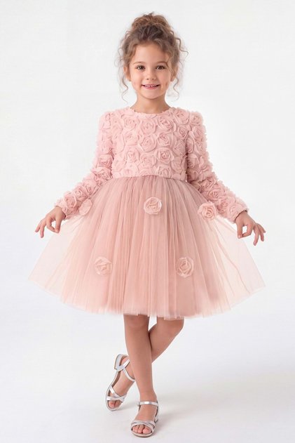 Rozella Rose Detailed Long Sleeve Girls Tutu Dress Evening Dress M00879 Pudra