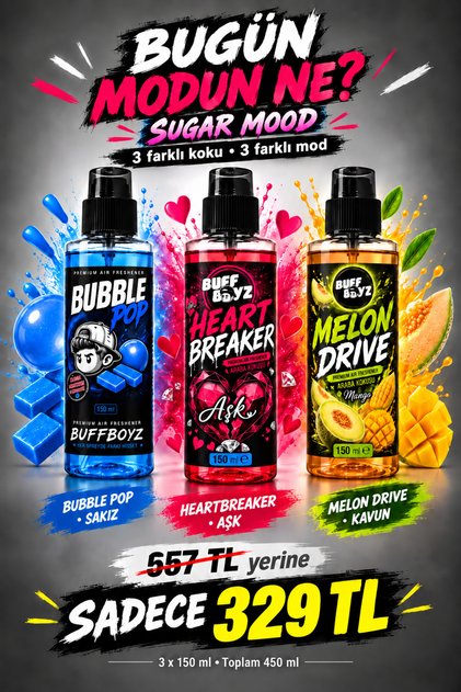 Sugar Mood 3’lü Araba Kokusu Seti 150 ml x3 – Aşk, Kavun ve Sakız Araç Kokusu Spreyi