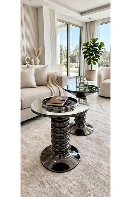 LUXURY KOYU FÜME METAL DEKORATIF 2Lİ YAN SEHPA ÇAP 40 × 40 YÜKSEKLIK 50/ 55 CM