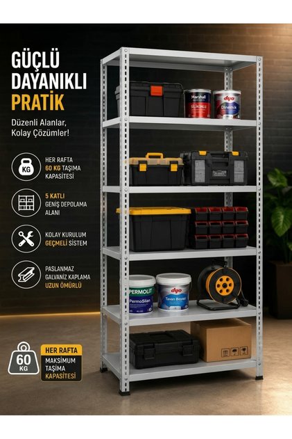 Güney Raf Galvanizraf 6 Katlı Galvaniz Çelik Raf Arşiv Rafı Depo Rafı Kiler Rafı 31x60x200 cm