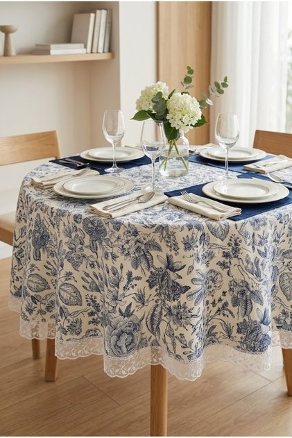 Round Tablecloth Guipure Blue Leaf Patterned Picnic Dowry Place Table Cloth Decorative Quality Stylish Tableware
