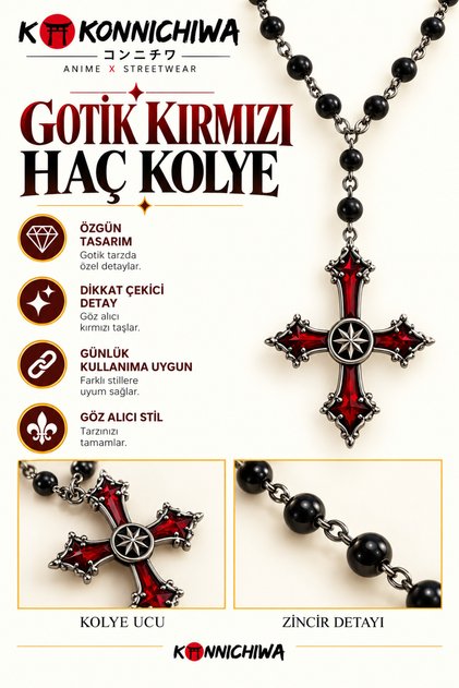Kırmızı Haç Figürlü Siyah Boncuklu Uzun Gotik Punk Kolye