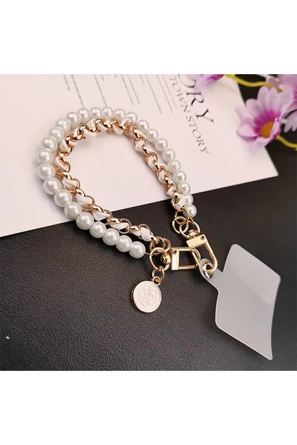 White Mobile Phone Lanyard Leather Pearl Camellia Mobile Phone Charm Short Wristband Strap Handmade
