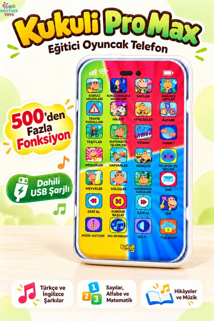 Şarjlı Kukuli Telefon Pro Max Dokunmatik 500+ Fonksiyonlu Türkçe Sesli Işıklı Müzikli Lisanslı