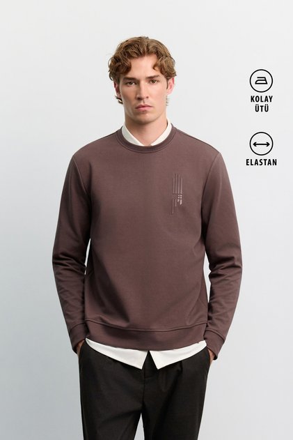 Men's Brown Crew Neck Silicone Printed Interlock Sweatshirt A62Y1297
