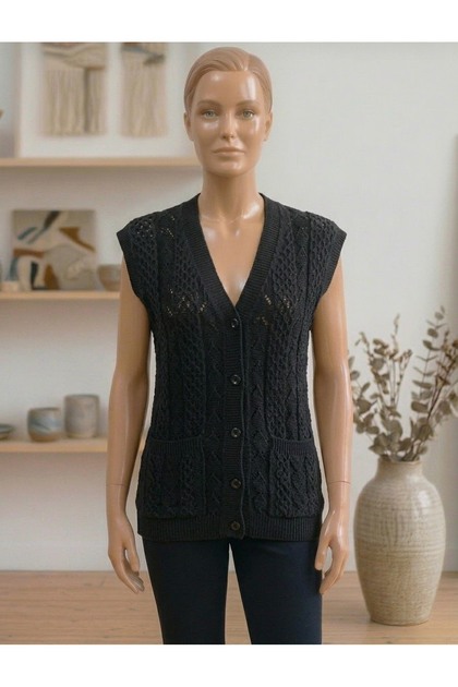 Houndstooth Knitted Dowry Casual Pocketed Knitwear Mother's Vest Winter Seasonal Vest
