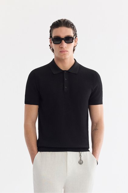 Men's Black Polo Neck Soft Touch Regular Fit Knitwear T-Shirt A61Y5046