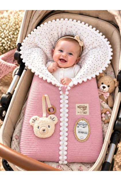 Baby Swaddle Set with Zipper, Pompom, Fiber Filling, Pique Swaddle, Toy, Pacifier Holder, Cotton Baby Swaddle