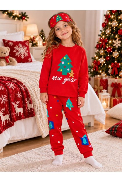 Girl's 100% Cotton Red Pine Tree Santa Claus Christmas Neol Print Long Sleeve Pajamas Set