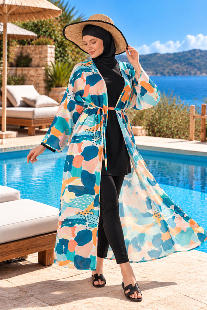 Patterned Pareo on Hijab Swimsuit