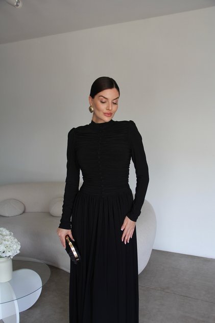 Layered Button Detail Gathered Maxi Long Dress