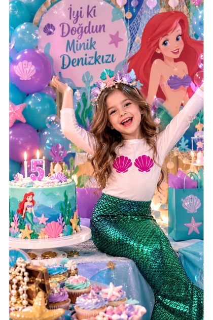 2 Pieces Mermaid Costume '' Mussel Printed Clear Body + Hologram Sequin Printed Pareo Skirt''