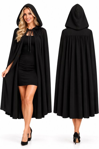 Hooded Black Cloak, Adult and Child Sizes, 120cm, Halloween Costume, Executioner, Grim Reaper, Witch, Vampire, Dementor.