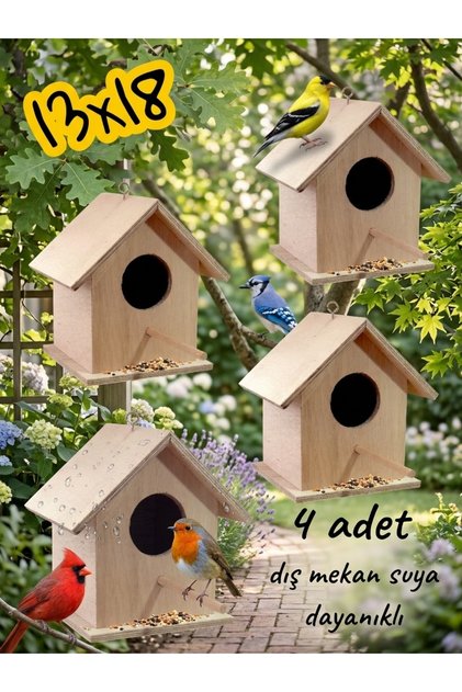 Wooden Hooked Bird Nest Bird House 4 Pieces 13*13*18 cm Rain Resistant