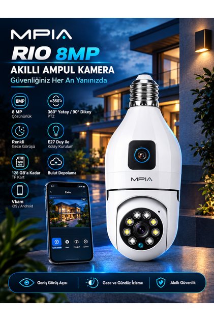 REN 8MP Ampul Tipi Suya Dayanıklı Kablosuz Akıllı Wi-Fi IP Kamera – 360° Renkli Gece Görüşlü Türkçe Uygulama