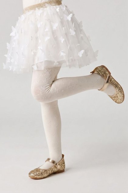 Ecru Floral Patterned Girls' Pantyhose