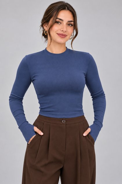 Women's Long Sleeve Finger-Through Stretch Fabric Combed Cotton Bodysuit