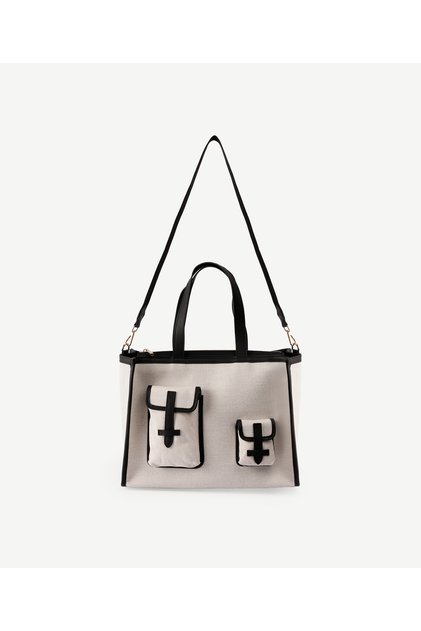 Leather Garnished Canvas Shoulder Bag with Pocket Detail