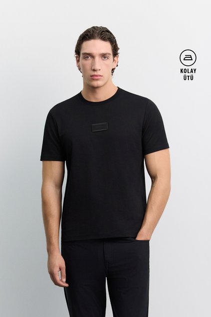 Men's Black Crew Neck Cotton Easy-Iron Regular Fit T-Shirt A62Y1022