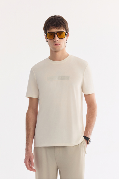 Men's Ecru Crew Neck Injection Printed Cupra Single Jersey T-Shirt A61Y1139