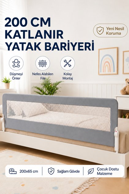 200 cm Bed Rail - Extra Large Safety Rail, Protective Rail, Baby Rail - Large Size - Grey.