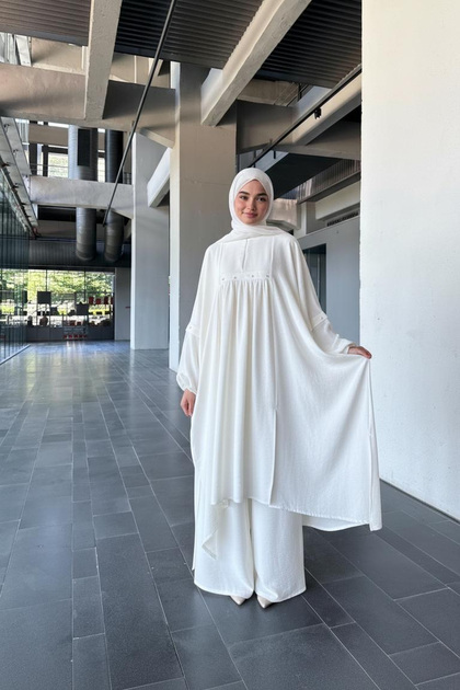 Hijab Double Set White Dream Daisy Embroidered Oversize Bat Sleeve Aerobin