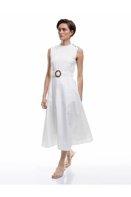 Rochie midi evazată, fără mâneci, din bumbac, cu decolteu, cu căptușeală
