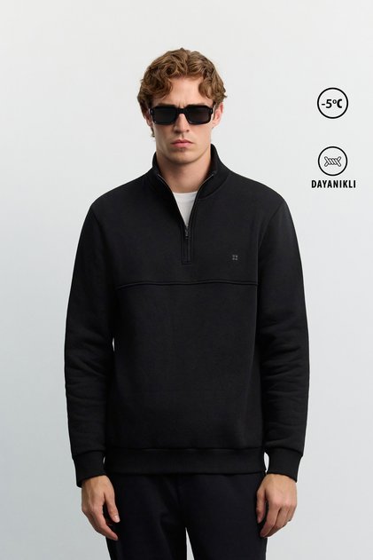 Men's Black Stand Collar Zippered 3 Thread Ribbed Sweatshirt A62Y1351