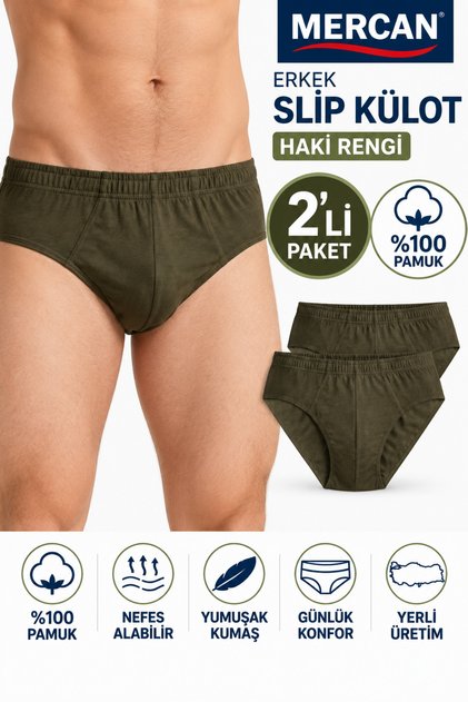 Men's Slip Underpants Khaki Color 2'Li Package 3cm Waist Elastic