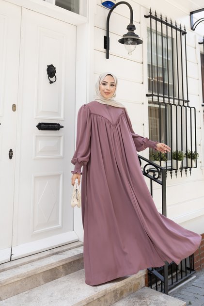 Hijab Dress Ferace Rose Dry Rose Cuff with Gipeli Detail V Roba Gathered Detailed Crepe Zipper Closure