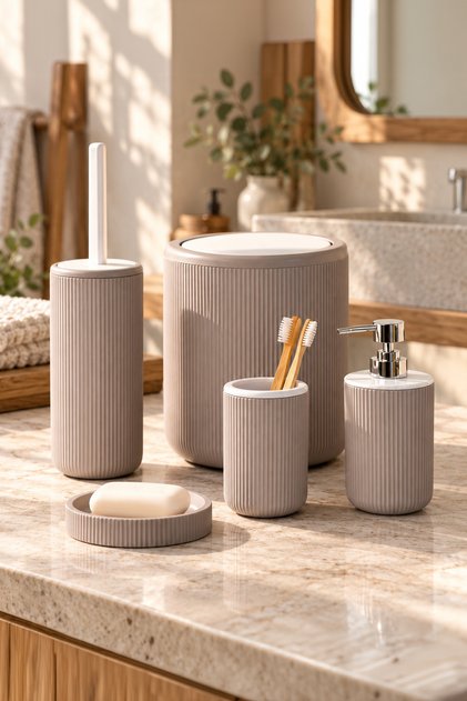 5 Piece Round Bathroom Set - Trash Can, Soap Dispenser, Toothbrush Holder and Silicone Wc Brush Taupe-White