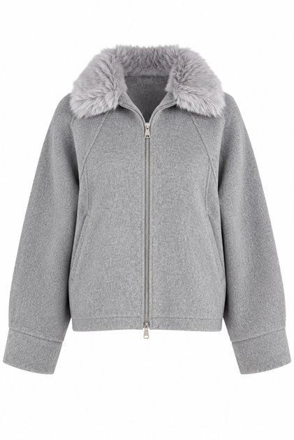 Gray Collared Fur Zippered Coat - 9660