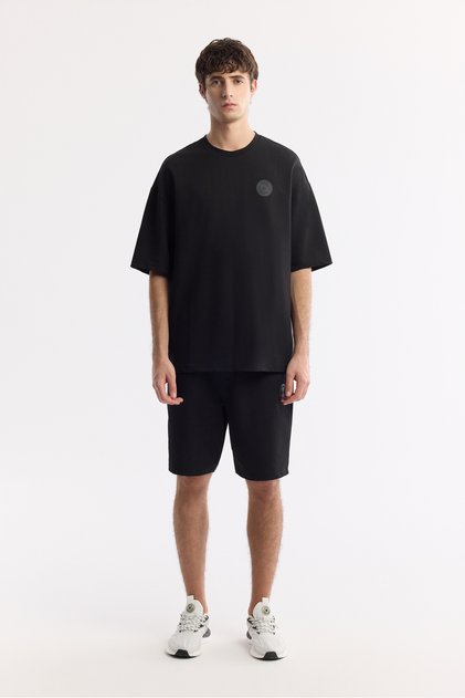 Men's Black Elastic Waist Lace-Up Bi-Stretch 2 Thread Knitted Regular Fit Shorts A51Y3611