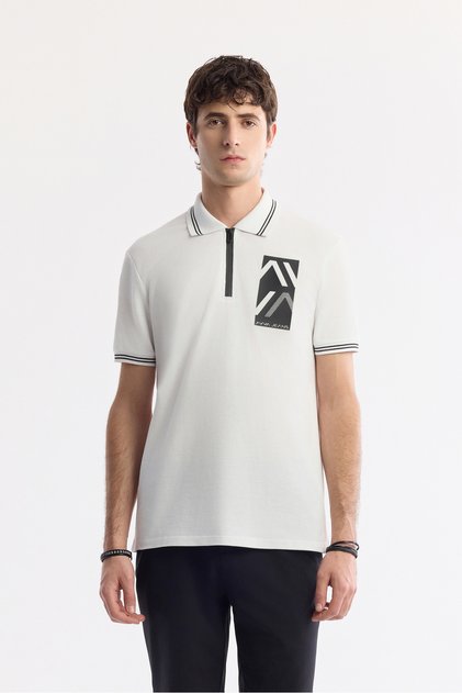 Tricou alb pentru bărbați, cu guler polo, imprimat, 100% bumbac, cu croiala normală A51Y1167