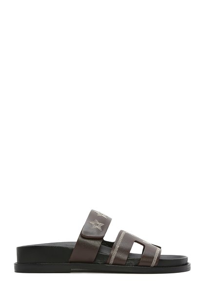 Women's Brown Striped Patterned Leather Slippers 25Sfd 230018