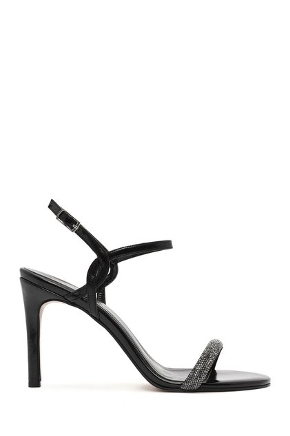 Women's Black Ankle Buckle Stone High Thin Heeled Shoes Sandals 25Sfe390714