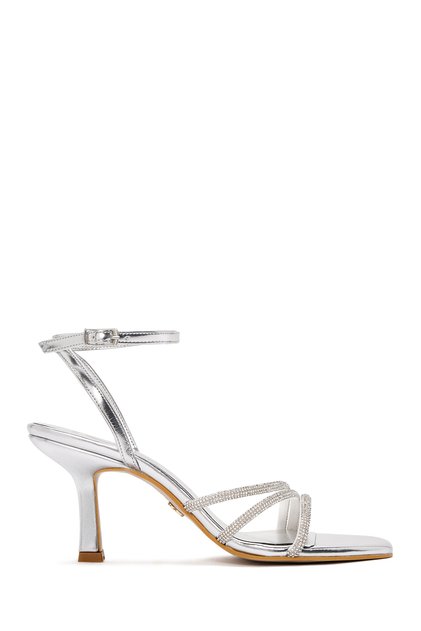 Women's Silver Ankle Strap Stone Detailed Thin Heel Sandals 26Sfe390232