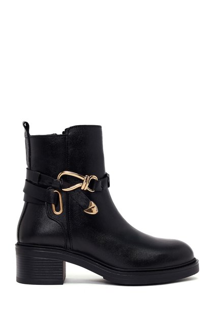 Women's Black Zippered Thick Heeled Leather Casual Boots Wf190044Dv