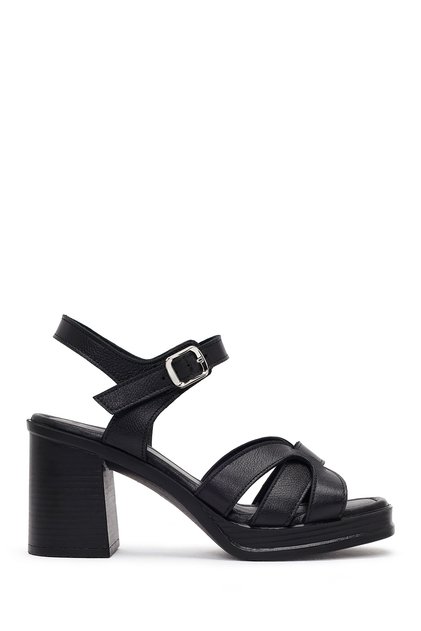 Women's Black Ankle Buckle Thick Heeled Leather Sandals 26Sfd132418