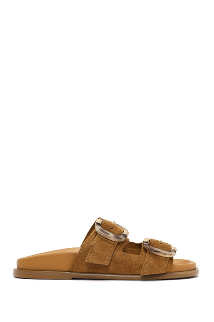 Women's Tan Double Buckle Suede Leather Slippers 26Sfd200910