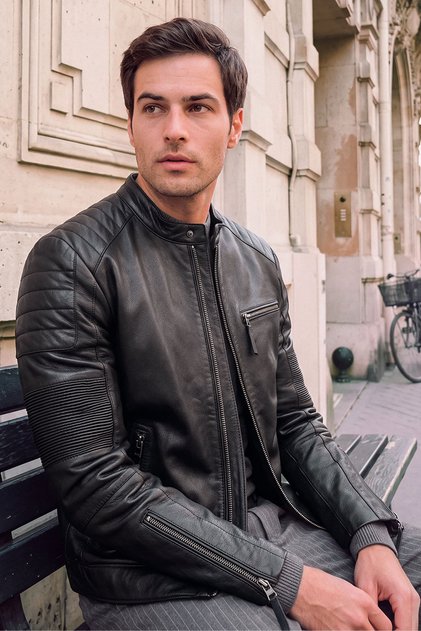 Lavine Men's Black Slim-Fit Leather Jacket 26Wgf6616Cy